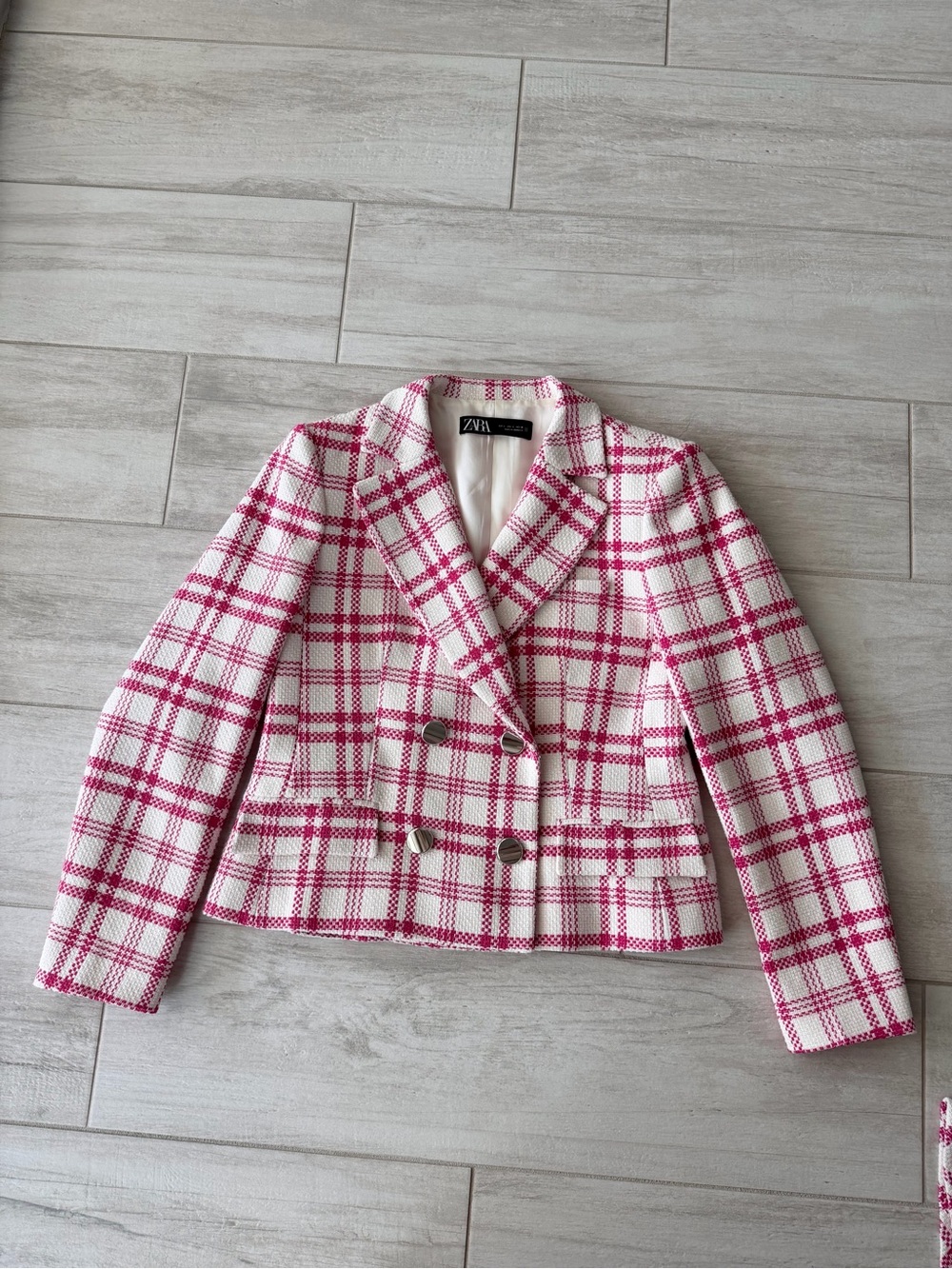 ZARA Pink & White Plaid Tweed Blazer + Matching Mini Skirt Set – Size L Like New - Picture 10 of 14